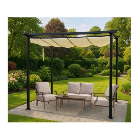 JOKO Záhradná Pergola Para Sole ESTIVO 3x3x2.4m, Záhradný Altánok s Vodeodolnou Posuvnou Roletovou strechou a UV ochranou, krémo