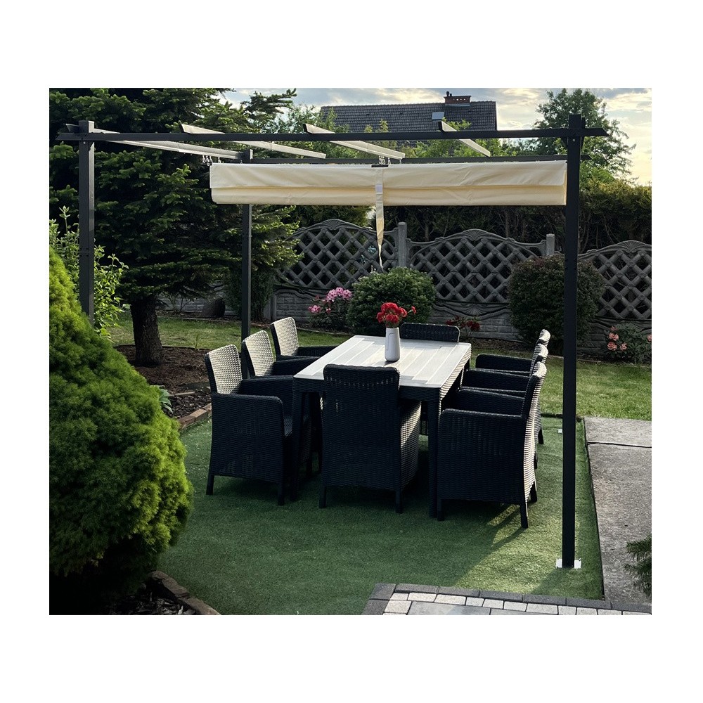 JOKO Záhradná Pergola Para Sole ESTIVO 3x3x2.4m, Záhradný Altánok s Vodeodolnou Posuvnou Roletovou strechou a UV ochranou, krémo