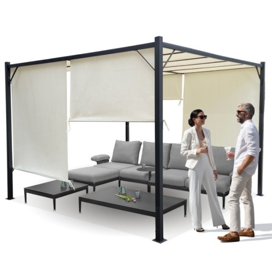 MKSTOR Kovová Záhradná pergola Para Sole ZONA 3m x 3m x 2m s Vodotesnou, posuvnou strechou ROLLERS, záhradný altánok s UV ochran