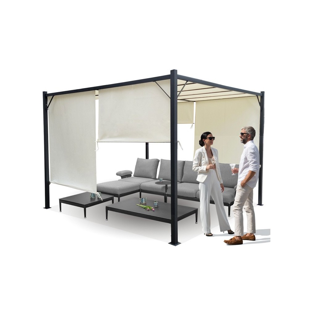 MKSTOR Kovová Záhradná pergola Para Sole ZONA 3m x 3m x 2m s Vodotesnou, posuvnou strechou ROLLERS, záhradný altánok s UV ochran