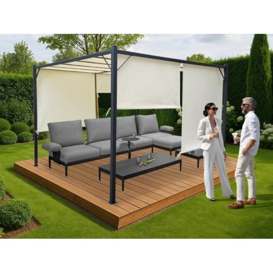 MKSTOR Kovová Záhradná pergola Para Sole ZONA 3m x 3m x 2m s Vodotesnou, posuvnou strechou ROLLERS, záhradný altánok s UV ochran