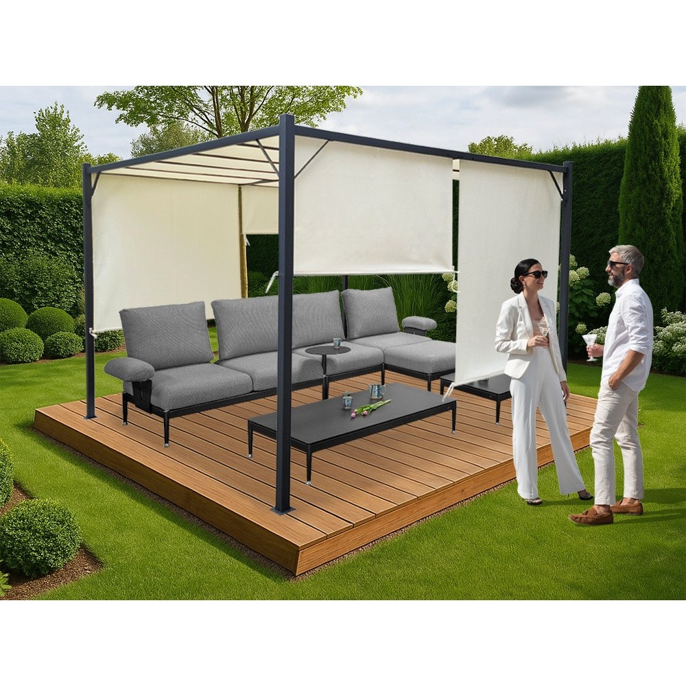 MKSTOR Kovová Záhradná pergola Para Sole ZONA 3m x 3m x 2m s Vodotesnou, posuvnou strechou ROLLERS, záhradný altánok s UV ochran