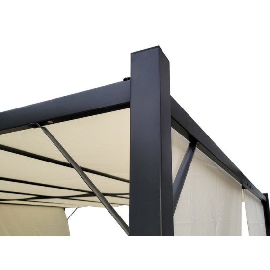 MKSTOR Kovová Záhradná pergola Para Sole ZONA 3m x 3m x 2m s Vodotesnou, posuvnou strechou ROLLERS, záhradný altánok s UV ochran