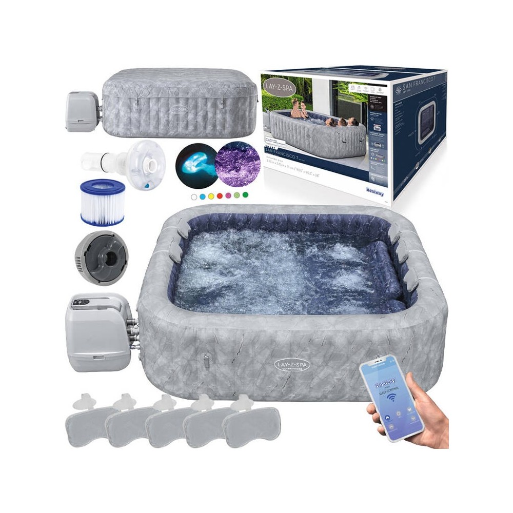Bestway 6001Q Vírivka Lay-Z-Spa San Francisco Pro 7 Wi-Fi Aplikácia, LED svetlo, 5 vankúšov, pre 7 osôb