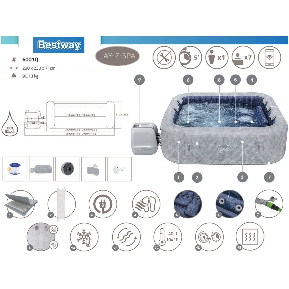 Bestway 6001Q Vírivka Lay-Z-Spa San Francisco Pro 7 Wi-Fi Aplikácia, LED svetlo, 5 vankúšov, pre 7 osôb