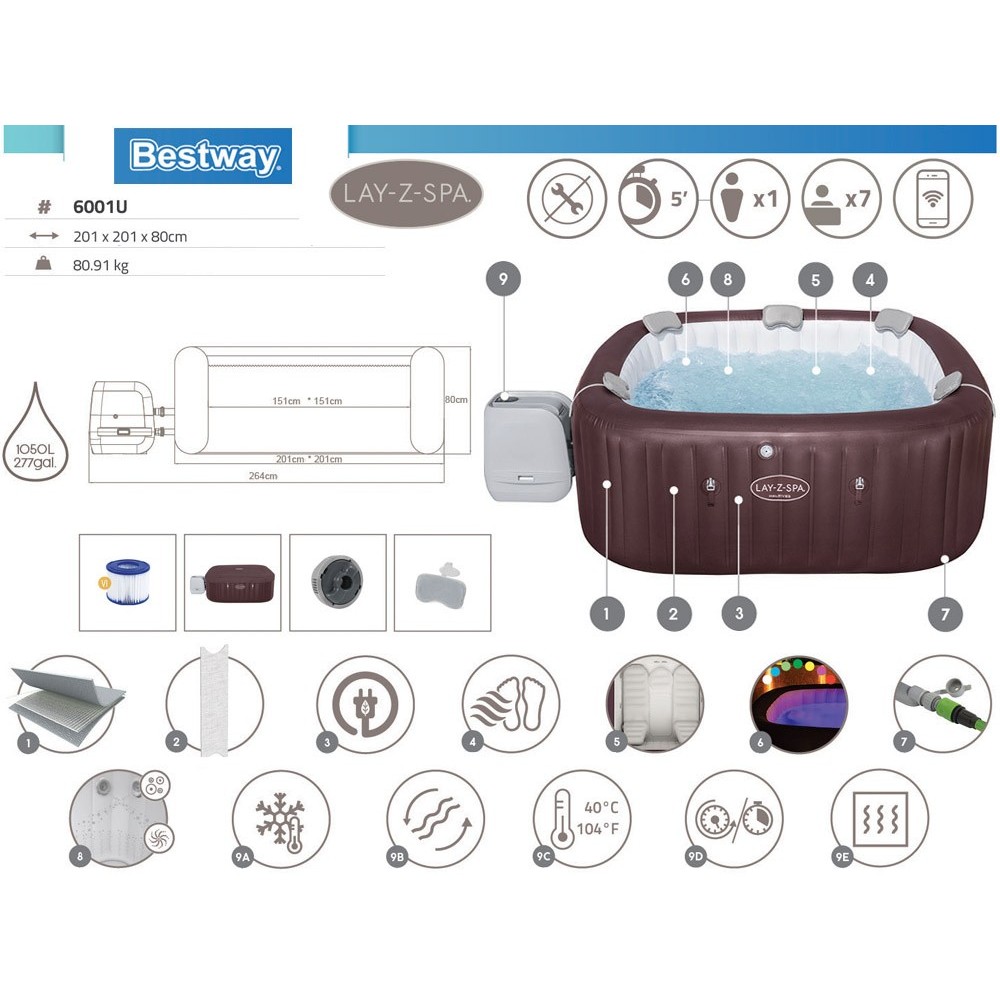 Bestway Lay-z-Spa Maldives Air WiFi aplikácia s LED svetlom pre 7 osôb, hnedá