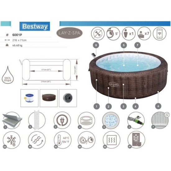 Bestway 6001P Vírívka Lay-Z-Spa Bali SMART Air Jet Jacuzzi s WIFI aplikáciou, pre 7 osôb, priemer 216cm