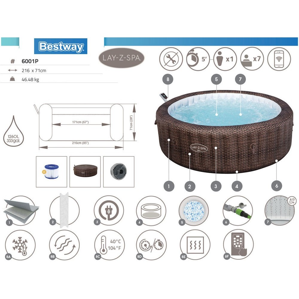 Bestway 6001P Vírívka Lay-Z-Spa Bali SMART Air Jet Jacuzzi s WIFI aplikáciou, pre 7 osôb, priemer 216cm