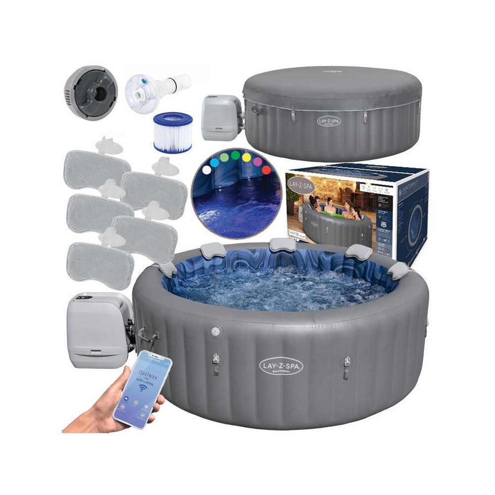 Bestway 6001T Vírivka Jacuzzi Lay-Z-Spa Santorini Smart HydroJet Pro 7 s LED svetlom, pre 7 osôb + 5 vankúšov + WIFI Aplikácia