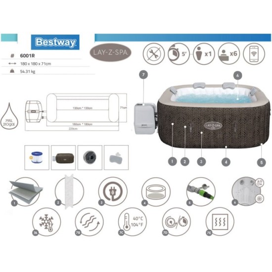 BESTWAY 6001R Vírivka Lay-Z-Spa Cabo SMART HydroJet Jacuzzi + WIFI aplikácia, priemer 180cm + 4 Vankúše