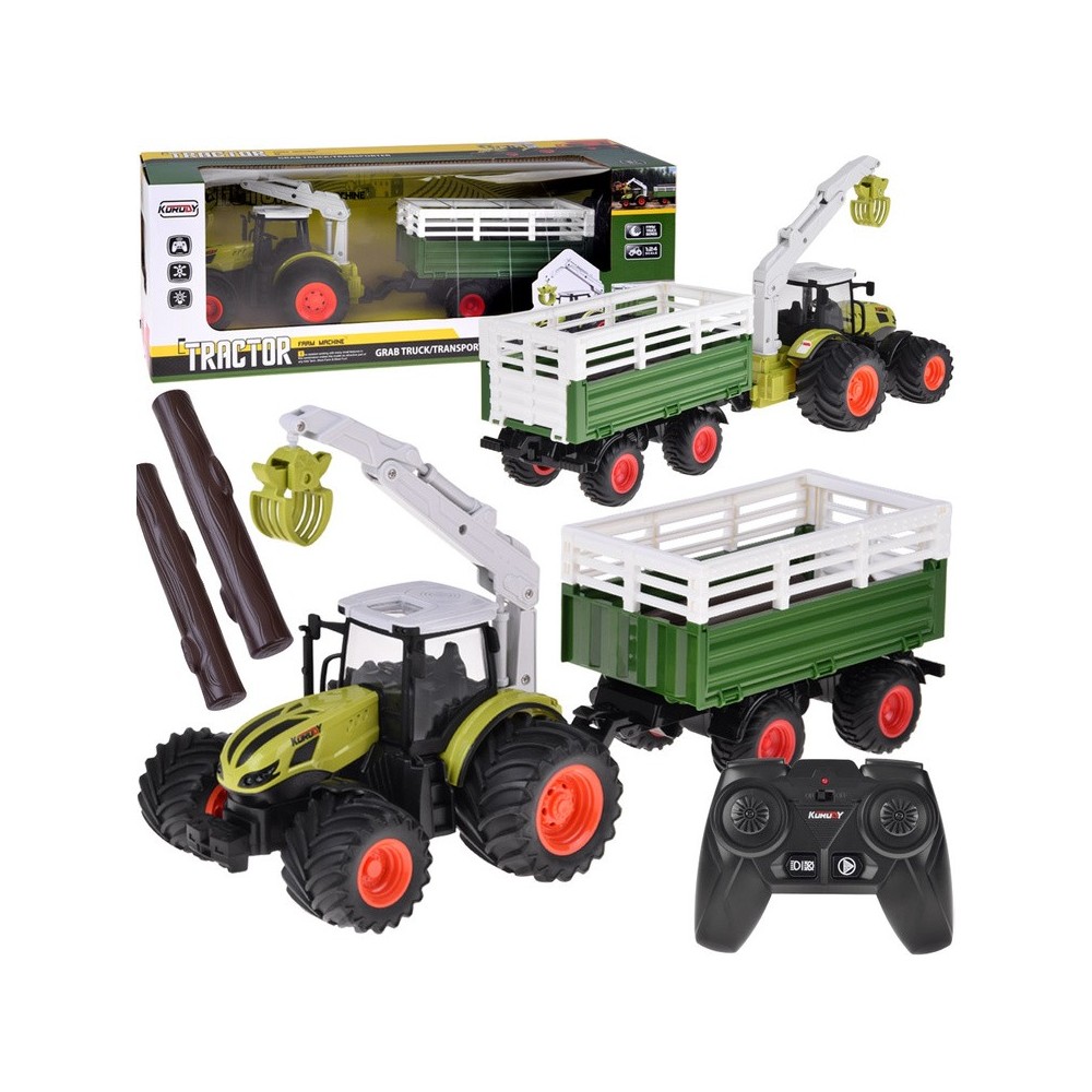 JOKO RC Traktor s vlečkou na diaľkové ovládanie s Drapákom a LED svetlom + drevo