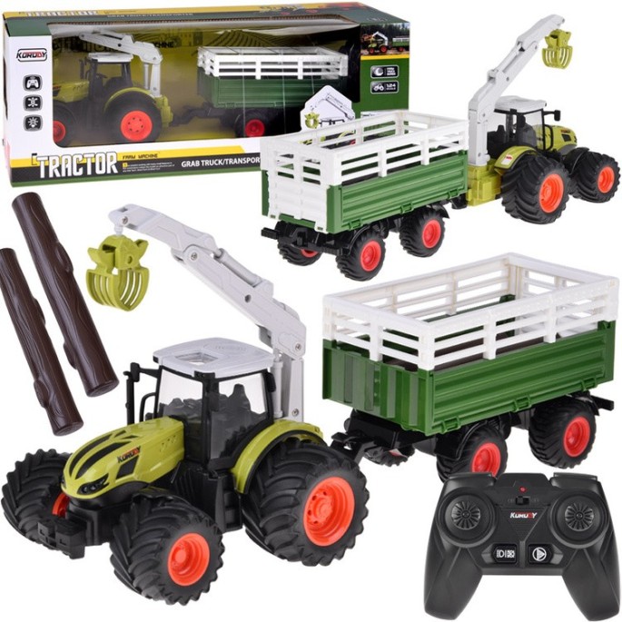 JOKO RC Traktor s vlečkou na diaľkové ovládanie s Drapákom a LED svetlom + drevo