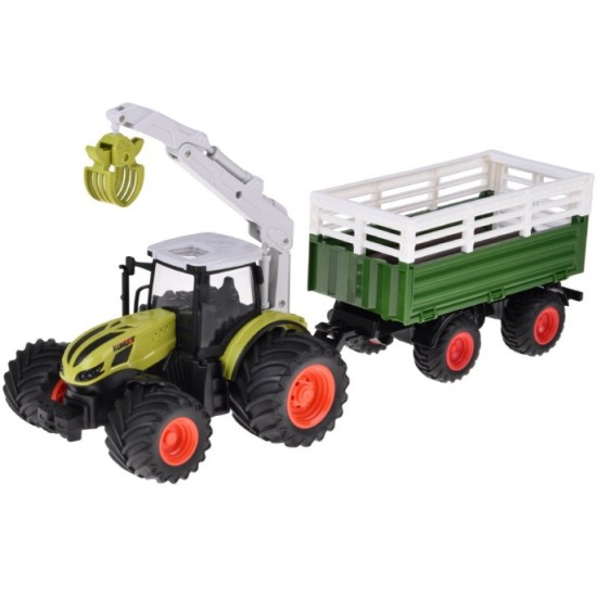 JOKO RC Traktor s vlečkou na diaľkové ovládanie s Drapákom a LED svetlom + drevo