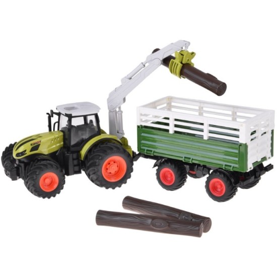 JOKO RC Traktor s vlečkou na diaľkové ovládanie s Drapákom a LED svetlom + drevo