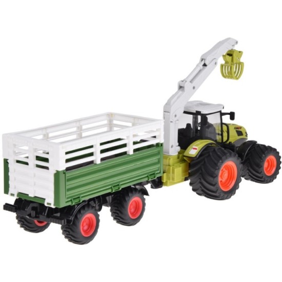 JOKO RC Traktor s vlečkou na diaľkové ovládanie s Drapákom a LED svetlom + drevo