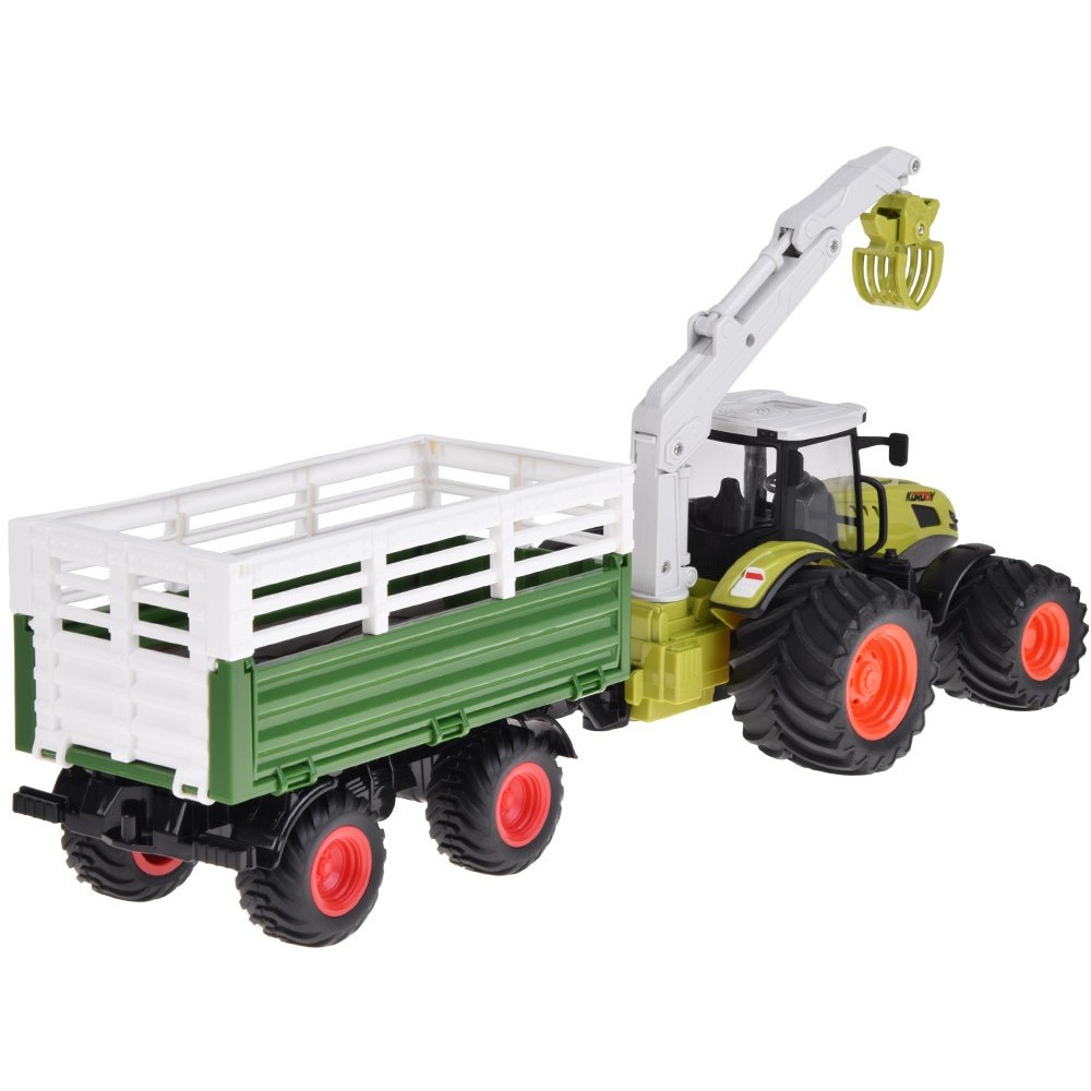 JOKO RC Traktor s vlečkou na diaľkové ovládanie s Drapákom a LED svetlom + drevo