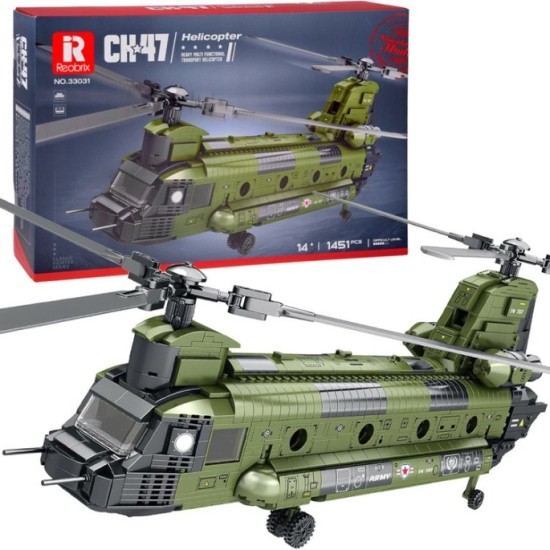 Reobrix Veľká Technická Stavebnica Helikoptéra CH-47 Chinook – vojenský tandemový vrtuľník 1458ks, dĺžka 78cm
