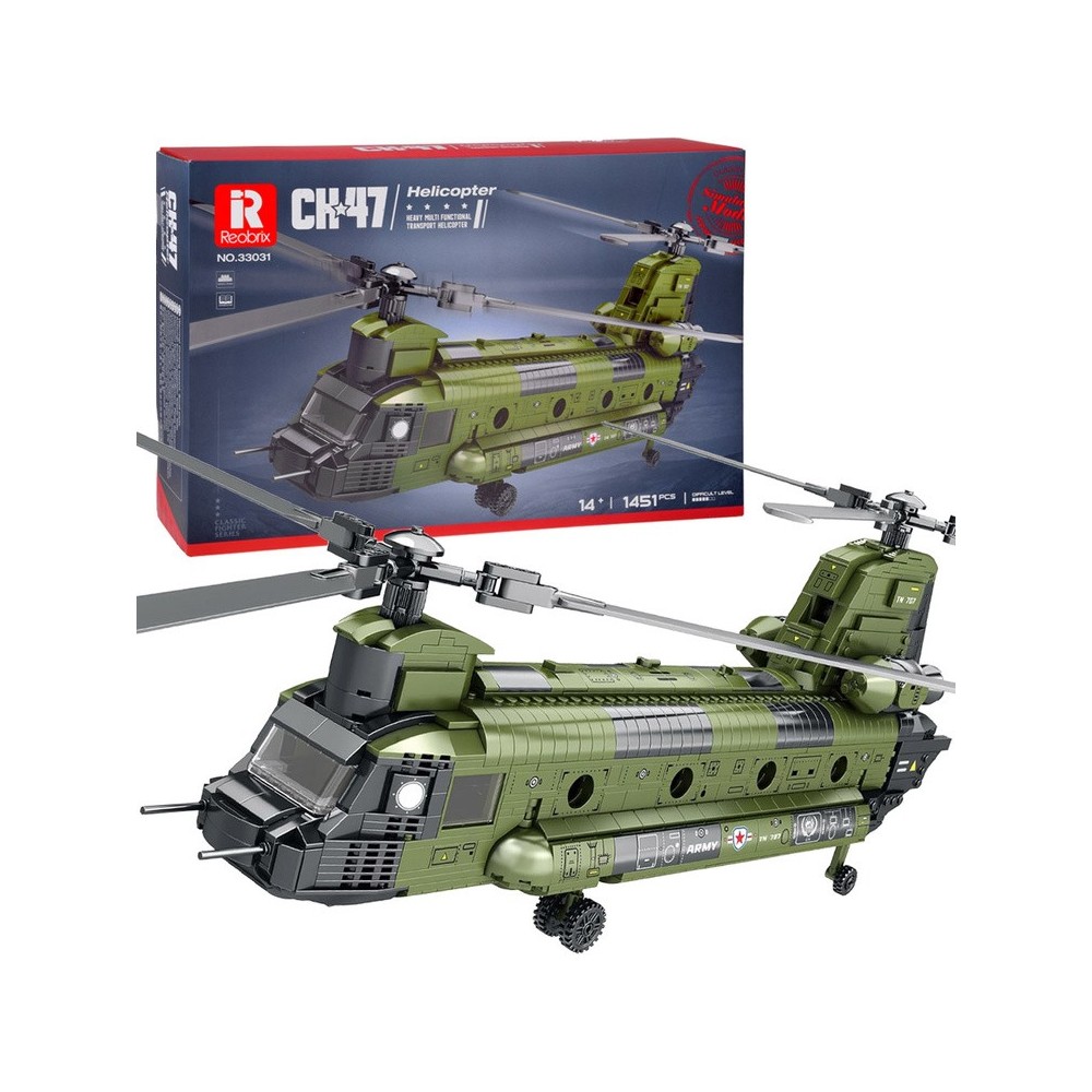 Reobrix Veľká Technická Stavebnica Helikoptéra CH-47 Chinook – vojenský tandemový vrtuľník 1458ks, dĺžka 78cm