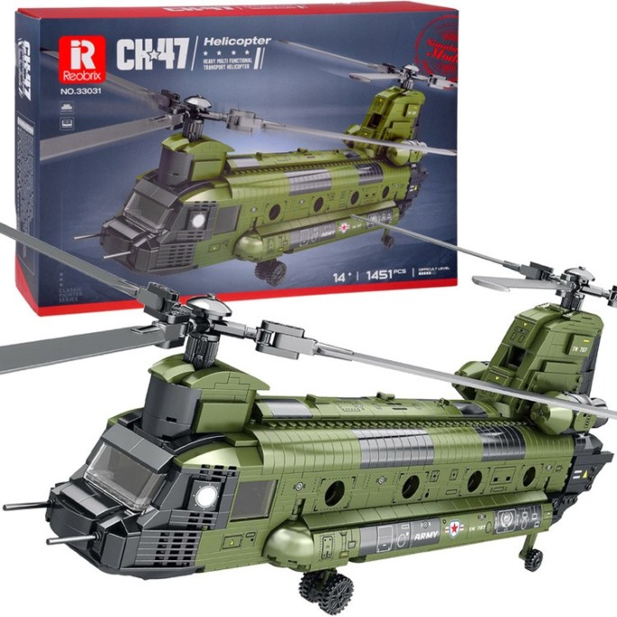 Reobrix Veľká Technická Stavebnica Helikoptéra CH-47 Chinook – vojenský tandemový vrtuľník 1458ks, dĺžka 78cm