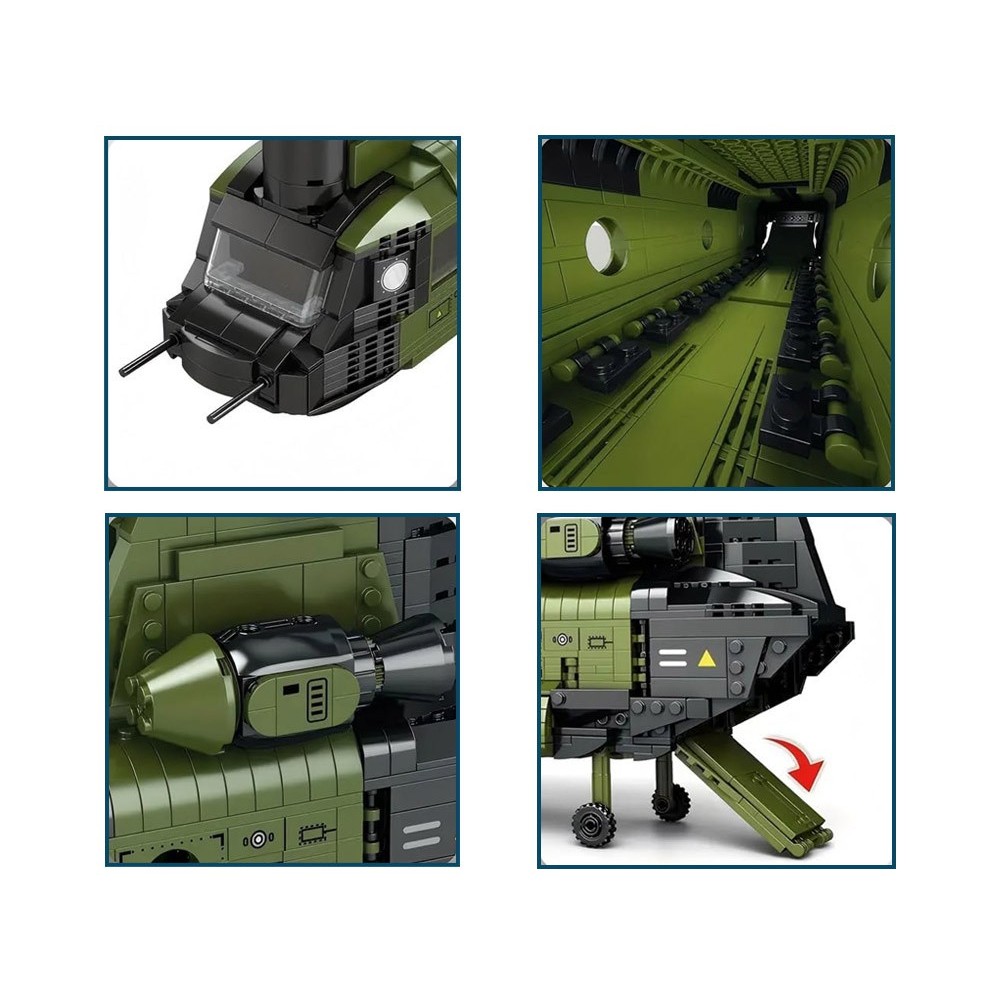 Reobrix Veľká Technická Stavebnica Helikoptéra CH-47 Chinook – vojenský tandemový vrtuľník 1458ks, dĺžka 78cm
