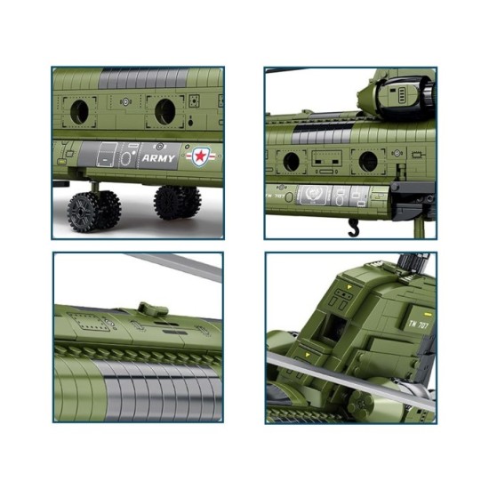 Reobrix Veľká Technická Stavebnica Helikoptéra CH-47 Chinook – vojenský tandemový vrtuľník 1458ks, dĺžka 78cm