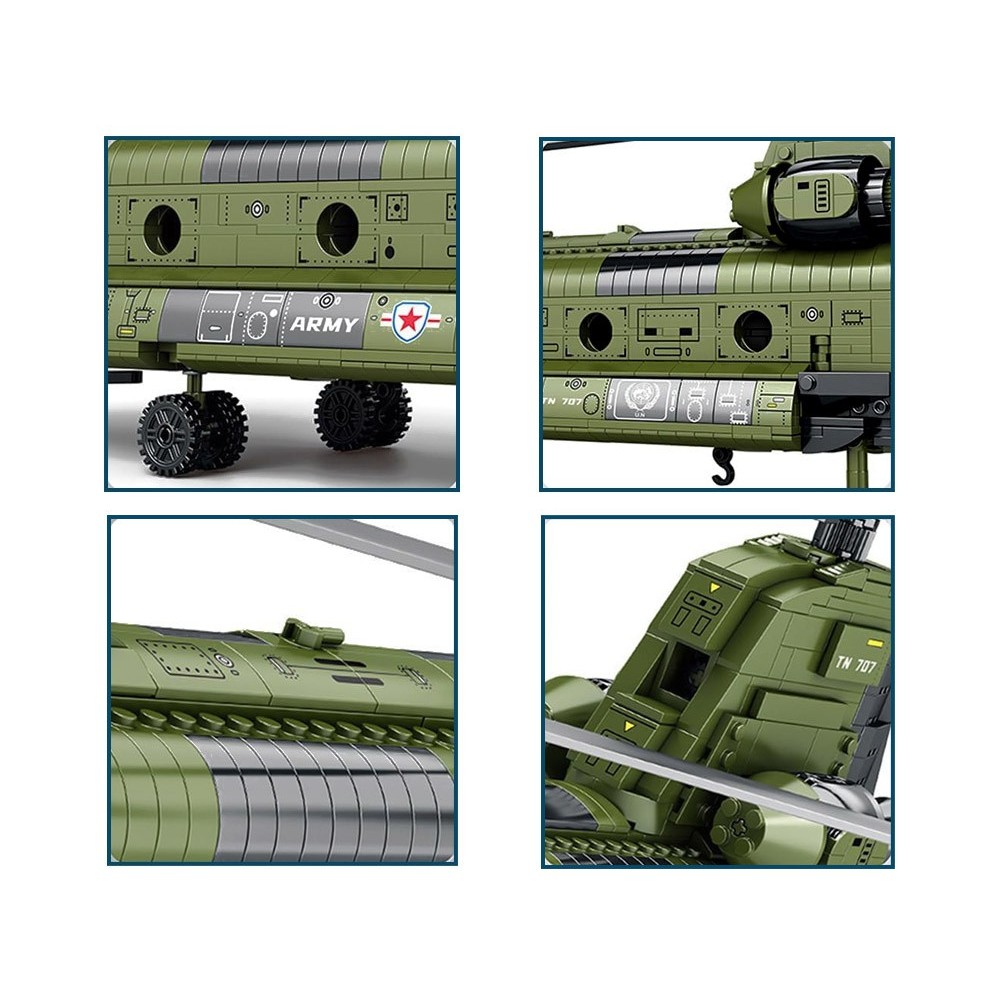 Reobrix Veľká Technická Stavebnica Helikoptéra CH-47 Chinook – vojenský tandemový vrtuľník 1458ks, dĺžka 78cm