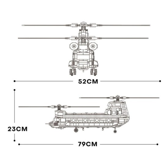 Reobrix Veľká Technická Stavebnica Helikoptéra CH-47 Chinook – vojenský tandemový vrtuľník 1458ks, dĺžka 78cm