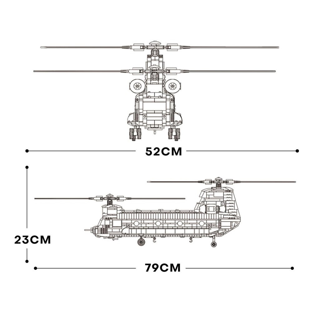 Reobrix Veľká Technická Stavebnica Helikoptéra CH-47 Chinook – vojenský tandemový vrtuľník 1458ks, dĺžka 78cm