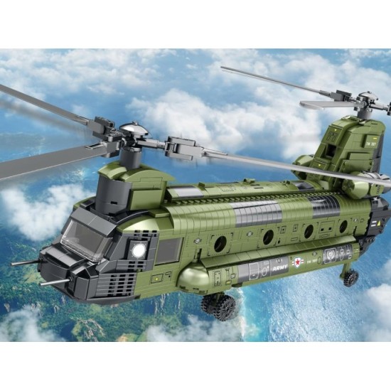 Reobrix Veľká Technická Stavebnica Helikoptéra CH-47 Chinook – vojenský tandemový vrtuľník 1458ks, dĺžka 78cm