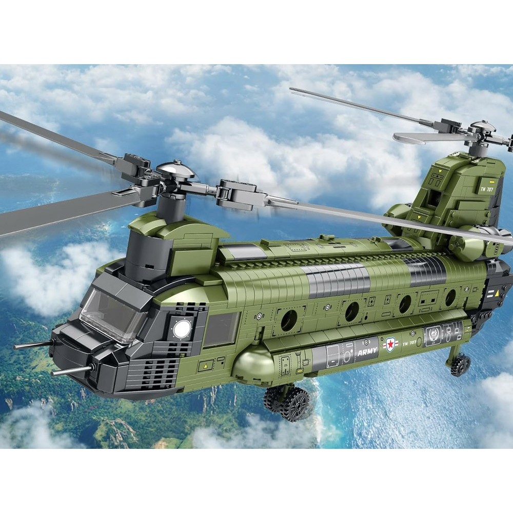 Reobrix Veľká Technická Stavebnica Helikoptéra CH-47 Chinook – vojenský tandemový vrtuľník 1458ks, dĺžka 78cm