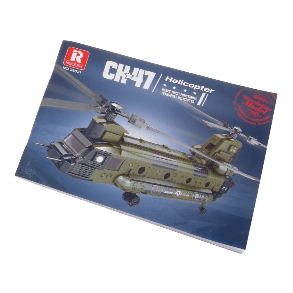 Reobrix Veľká Technická Stavebnica Helikoptéra CH-47 Chinook – vojenský tandemový vrtuľník 1458ks, dĺžka 78cm