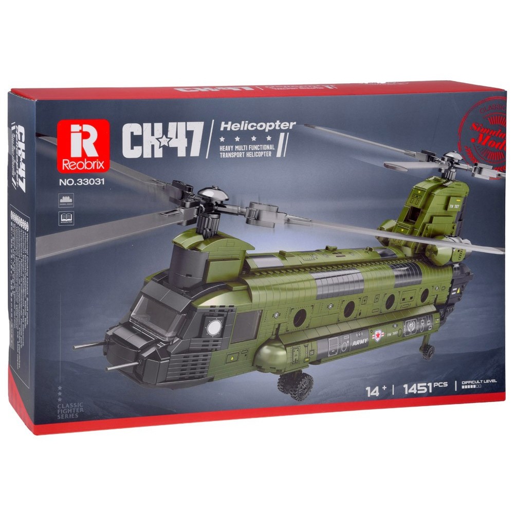 Reobrix Veľká Technická Stavebnica Helikoptéra CH-47 Chinook – vojenský tandemový vrtuľník 1458ks, dĺžka 78cm