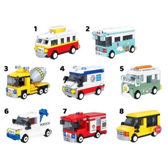 JOKO Sada Technická stavebnica 8v1 Električka, Autobus, Miešač betónu, Sanitka, Obytné auto, Traktor, Hasičské auto, Školský aut