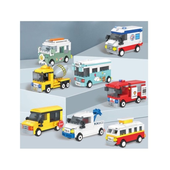 JOKO Sada Technická stavebnica 8v1 Električka, Autobus, Miešač betónu, Sanitka, Obytné auto, Traktor, Hasičské auto, Školský aut