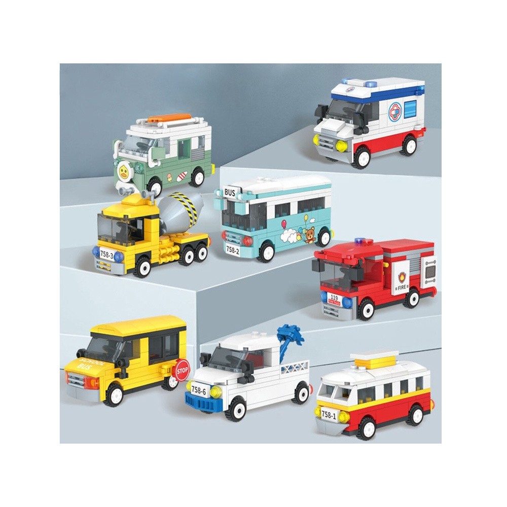 JOKO Sada Technická stavebnica 8v1 Električka, Autobus, Miešač betónu, Sanitka, Obytné auto, Traktor, Hasičské auto, Školský aut