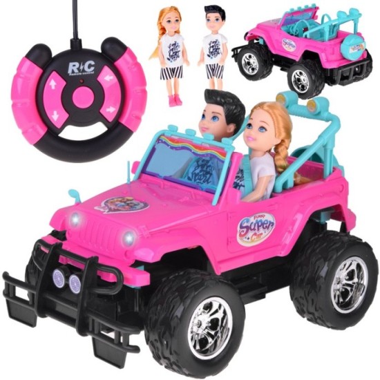JOKO RC Auto Jeep na diaľkové ovládanie pre dievčatá + 2 Bábiky dievča a chlapec + USB nabíjací kábel, ružové