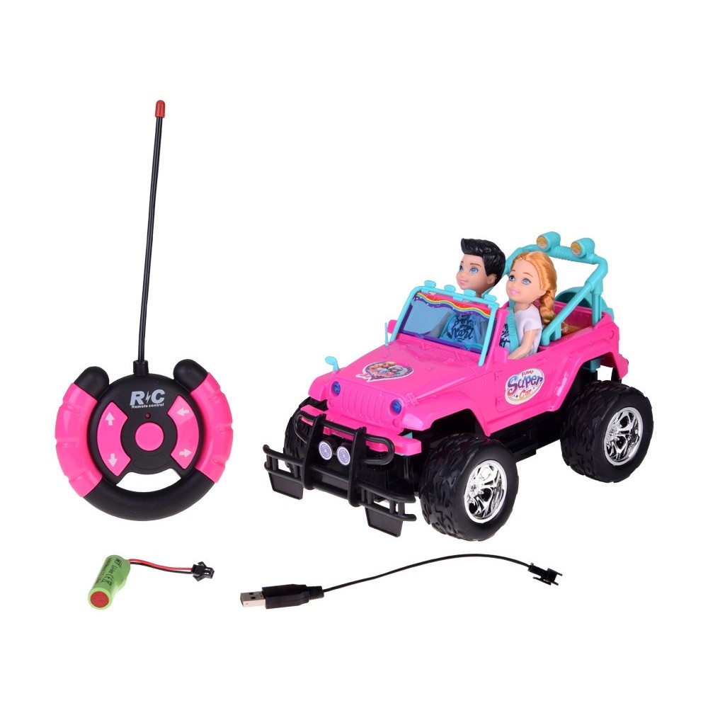 JOKO RC Auto Jeep na diaľkové ovládanie pre dievčatá + 2 Bábiky dievča a chlapec + USB nabíjací kábel, ružové