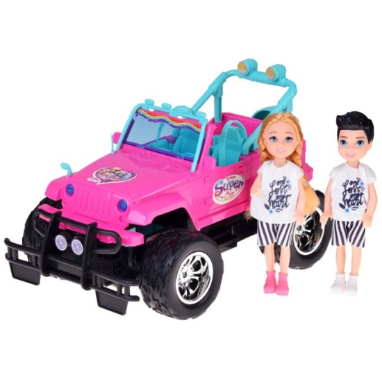 JOKO RC Auto Jeep na diaľkové ovládanie pre dievčatá + 2 Bábiky dievča a chlapec + USB nabíjací kábel, ružové
