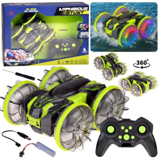 JOKO RC Akrobatické Auto 360˚Amfibia Stunt, Pláva, Jazdí, Svieti, zelené