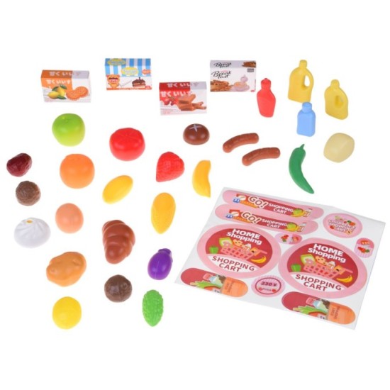 JOKO Detský Nákupný košík, vozík, nastaviteľná rúčka + ovocie, zelenina, jedlo, ružový