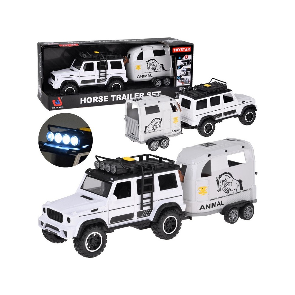 JOKO Terénne Auto Off-road so svetlom a zvukom + príves na prepravu koní + figúrka Koňa