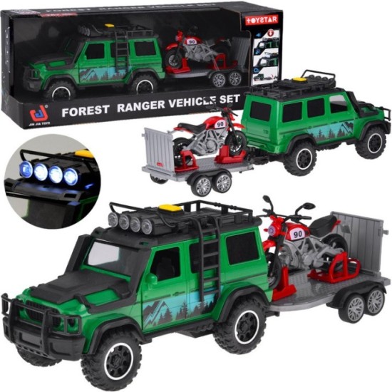 JOKO Terénne Auto Off-road so svetlom a zvukom + príves na prepravu Motoriek + Motorka