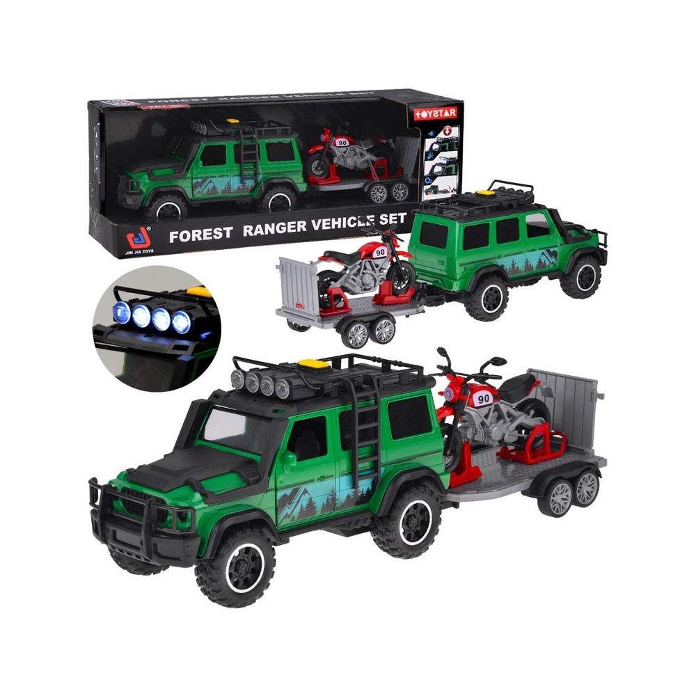 JOKO Terénne Auto Off-road so svetlom a zvukom + príves na prepravu Motoriek + Motorka