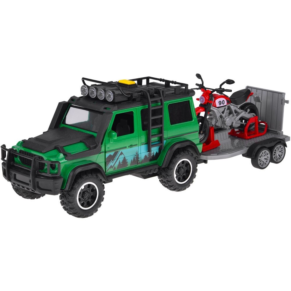 JOKO Terénne Auto Off-road so svetlom a zvukom + príves na prepravu Motoriek + Motorka