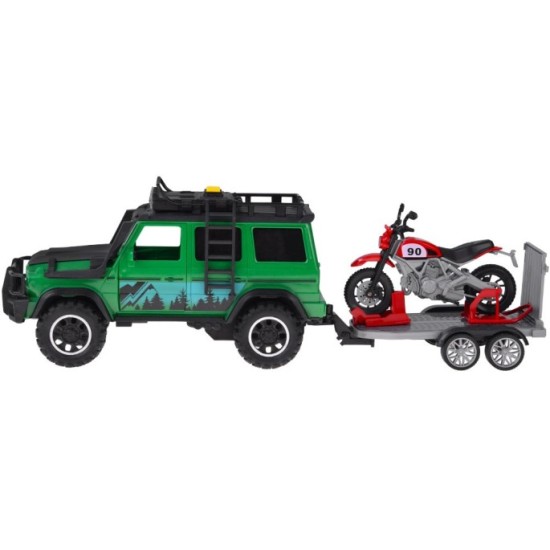 JOKO Terénne Auto Off-road so svetlom a zvukom + príves na prepravu Motoriek + Motorka