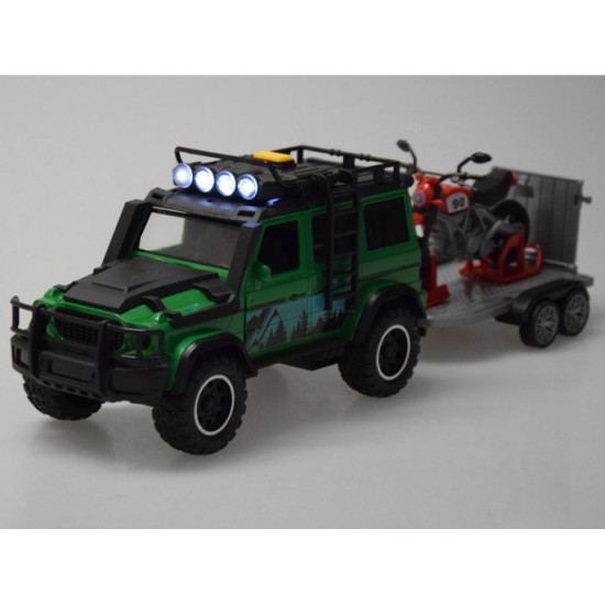 JOKO Terénne Auto Off-road so svetlom a zvukom + príves na prepravu Motoriek + Motorka