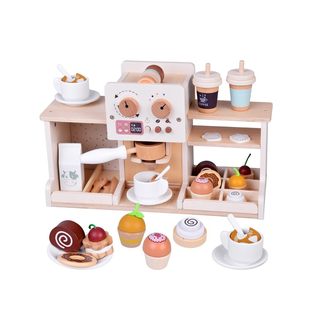 JOKO Detská Drevená Kaviareň, Cukráreň s Kávovarom, Pokladňou + zákusky, cupcakes, muffiny