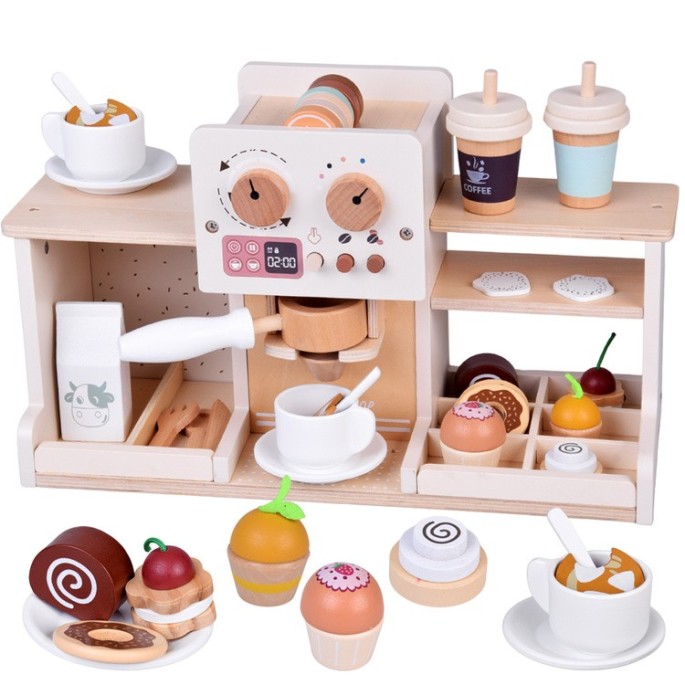 JOKO Detská Drevená Kaviareň, Cukráreň s Kávovarom, Pokladňou + zákusky, cupcakes, muffiny