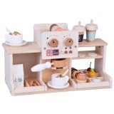 JOKO Detská Drevená Kaviareň, Cukráreň s Kávovarom, Pokladňou + zákusky, cupcakes, muffiny
