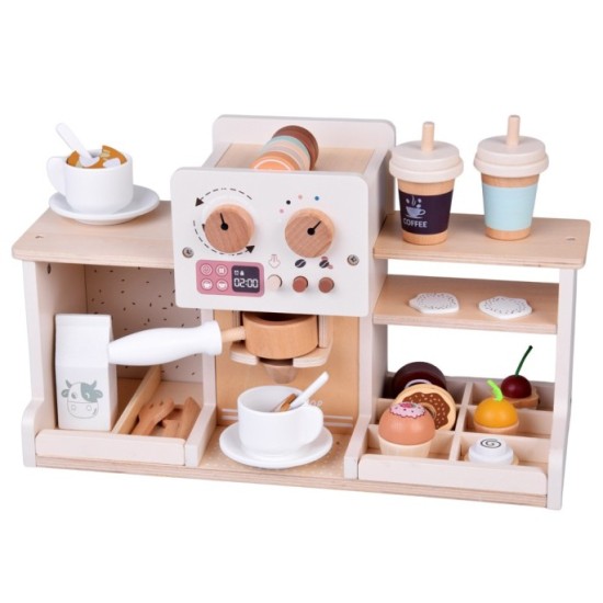 JOKO Detská Drevená Kaviareň, Cukráreň s Kávovarom, Pokladňou + zákusky, cupcakes, muffiny